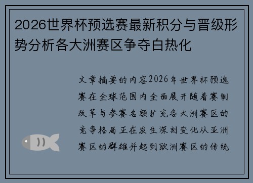 2026世界杯预选赛最新积分与晋级形势分析各大洲赛区争夺白热化