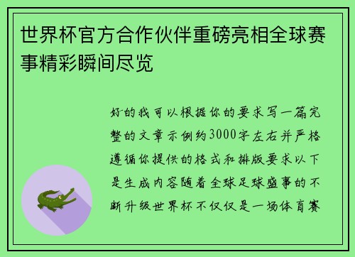 世界杯官方合作伙伴重磅亮相全球赛事精彩瞬间尽览 世界杯官方合作伙伴重磅亮相全球赛事精彩瞬间尽览